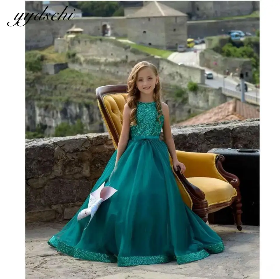 Yeşil Zarif Çiçek Kız Elbise Düğün Dantel Sequins Pageant Parti Prenses Kat Uzunluk Vestidos De Fiesta Para Bodas