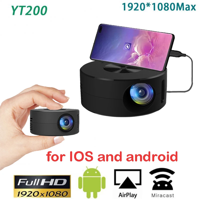 YT200 Mikro Kablolu projeksiyon ekranı LED projektör 1920 * 1080 Desteği Uyumlu USB Ses Taşınabilir Ev Medya Video Oynatıcı