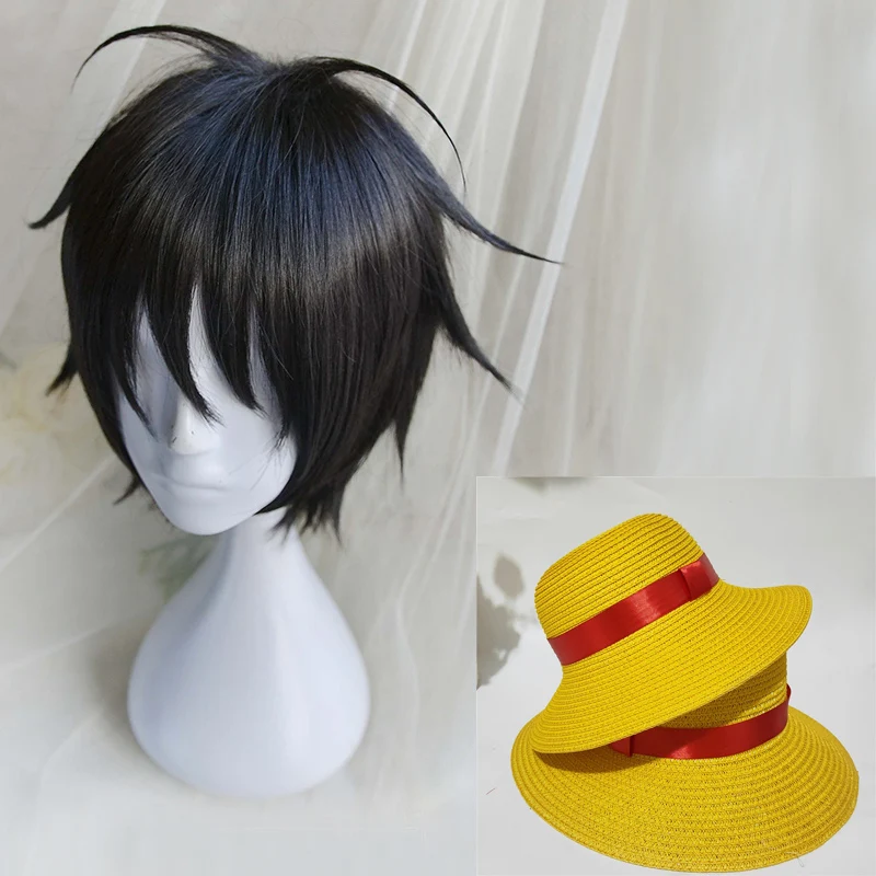 Yüksek Kaliteli Anime One Piece Maymun D. Luffy kısa siyah Cosplay peruk ısıya dayanıklı sentetik saç Peruk + şapka