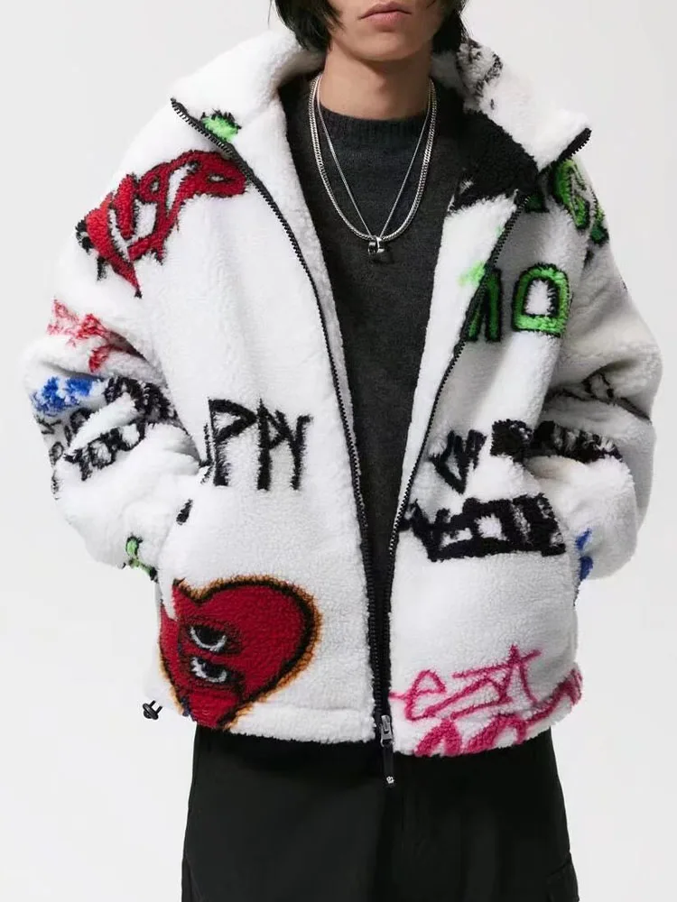 ZA sonbahar ve kış yeni ürünler erkek moda sokak grafiti tarzı baskılı stand-up yaka fermuar rahat polar ceket