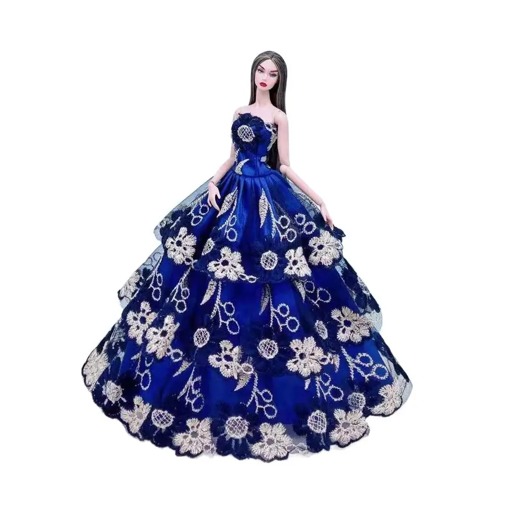 Zarif Kraliyet Mavi Çiçek Kapalı Omuz Dantel Elbise barbie oyuncak bebek Giysileri 1/6 BJD Aksesuar Prenses gelinlik Dollhouse Oyuncaklar