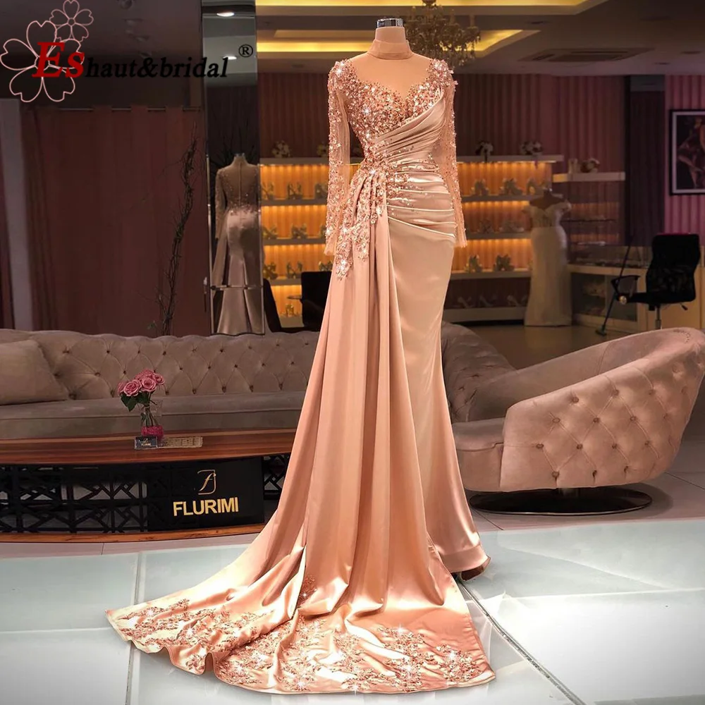 Zarif Mermaid Arapça Akşam Elbise Uzun Kollu Yüksek Boyun Lüks Dubai Boncuklu Müslüman Örgün Balo elbisesi Düğün Parti Kadınlar için
