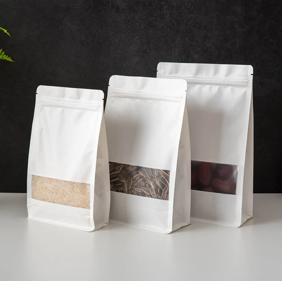 Çay poşeti 50 adet Beyaz Kraft Kağıt Kilitli Stand Up Plastik Saklama Paketleme Çantası için Şeffaf Pencere ile Gıda Kahve Ot Konteyner