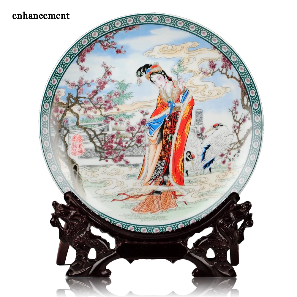 Çin Antik Güzellik Plaka Dekor Seramik Süs Çin Dekorasyon Çanak Plaka Ahşap Taban Porselen plaka seti Düğün Hediyesi