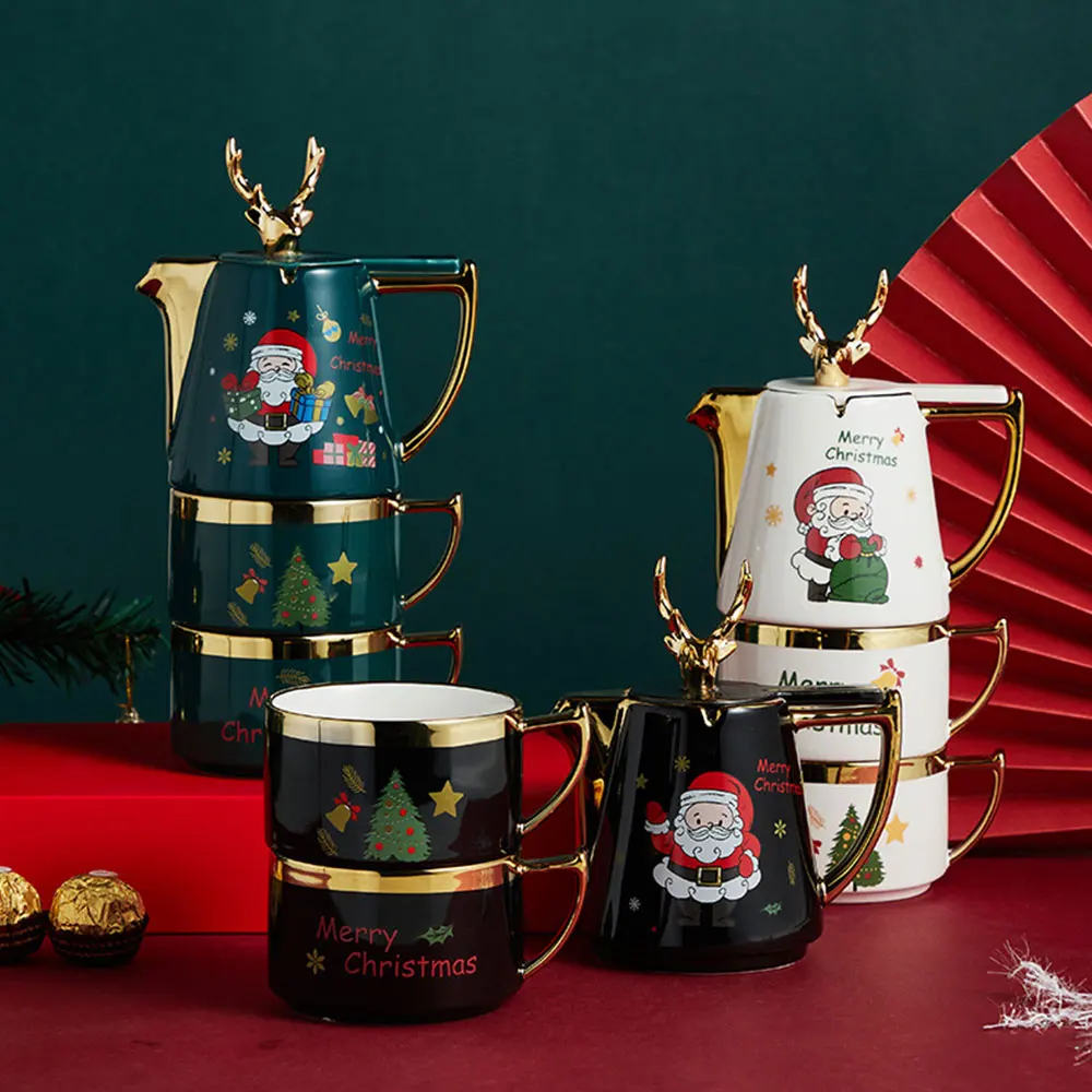 Çoklu Seçenekler İskandinav Noel seramik demlik Fincan fincan tabağı seti Noel Baba Çay Elk Kutusu Ev Hediye Yeni Yıl Termal Sofra