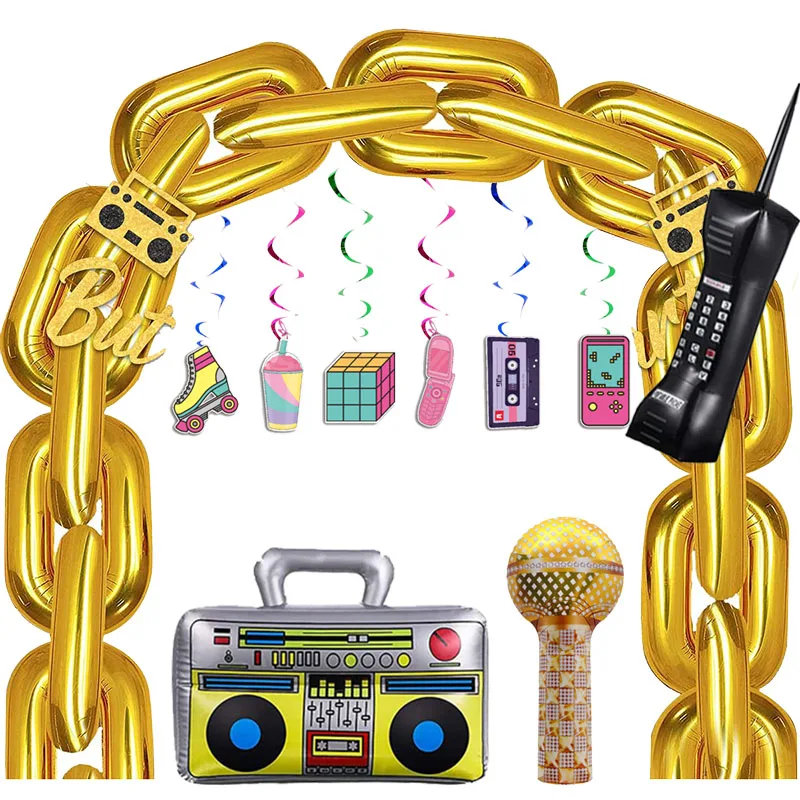 Şişirilmiş Hoparlör Kutusu Folyo Balonlar Cep Telefonu Ve Mike Balonlar 80'lerin 90'ların Hip Hop Parti Süslemeleri Disko Topu Malzemeleri
