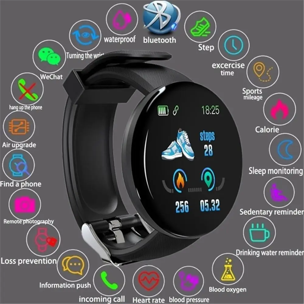 D18 Yuvarlak Bluetooth akıllı saat Erkekler Kadınlar Kan Basıncı nabız monitörü Su Geçirmez spor fitness takip chazı Smartwatch D18S